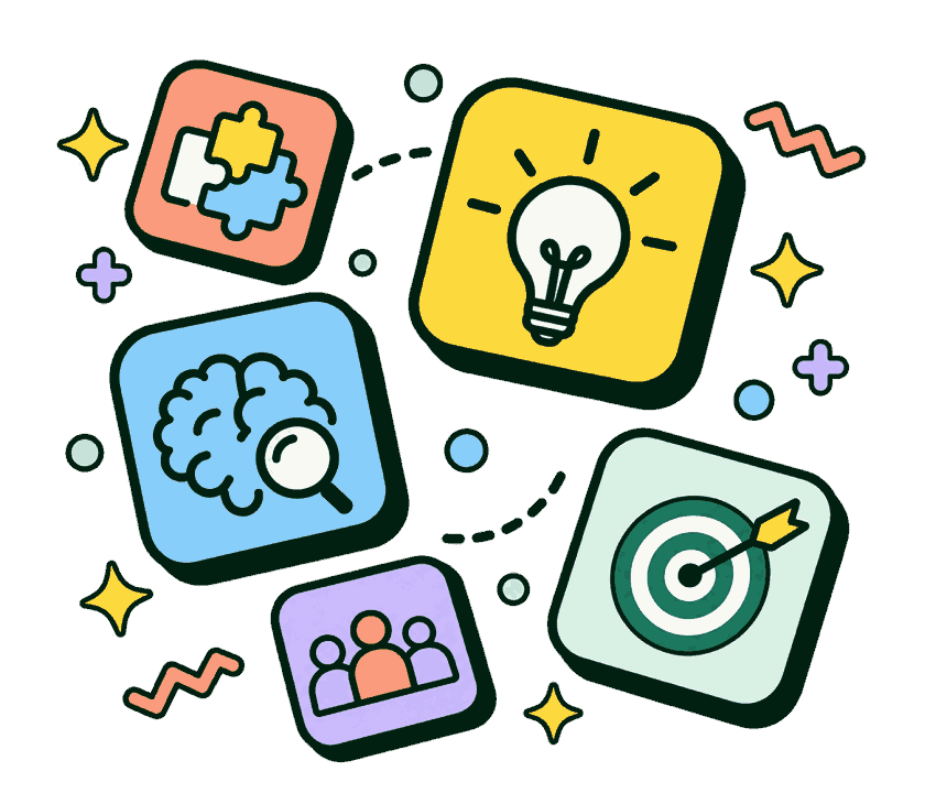 Colorful skill icons: puzzle, idea, brain, target and team