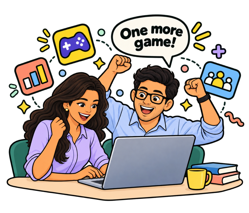Two colleagues cheering at a laptop: One more game!