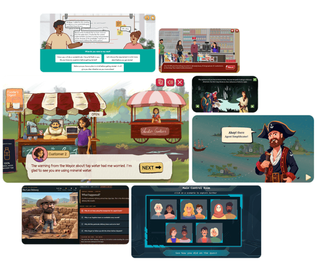 A collage of Flogames game screens: a market stall, a pirate captain, a detective case and a control room
